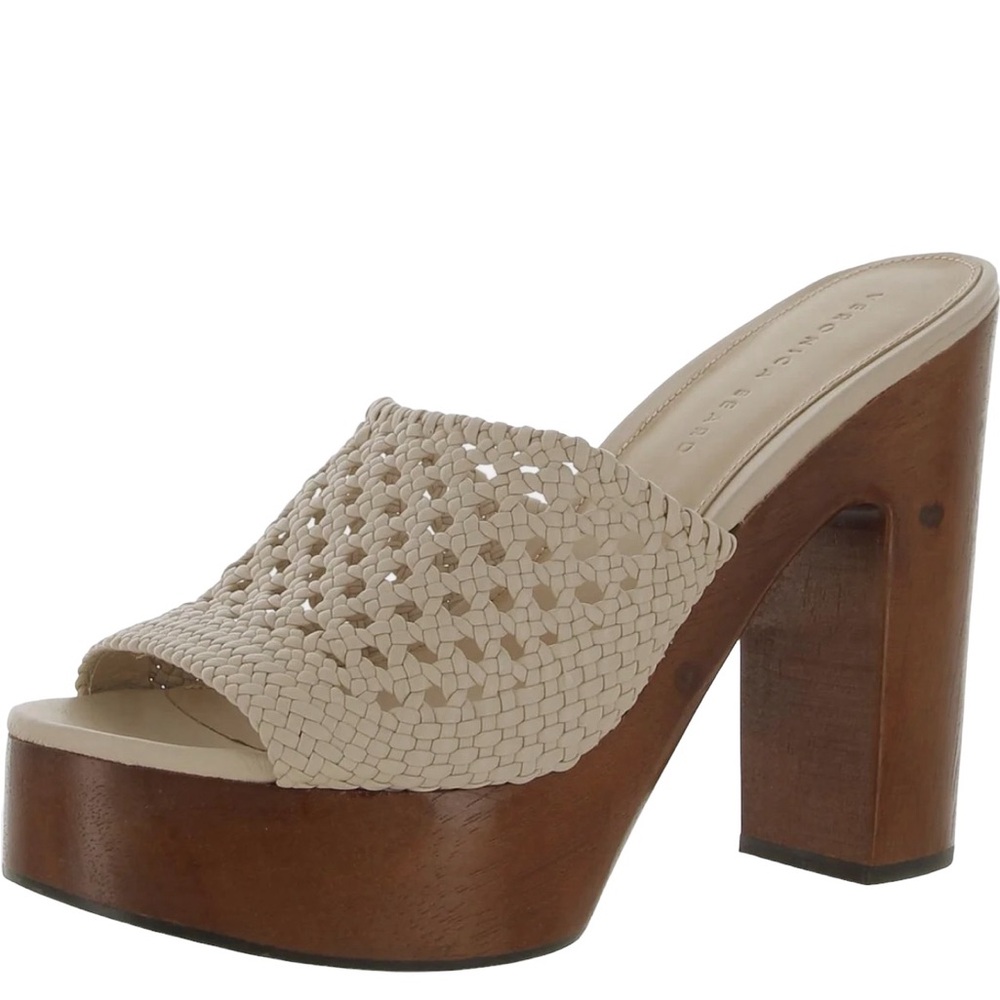 Veronica Beard Guadalupe Woven Leather Wooden-Heel Mules in Shell Women’s Size 8